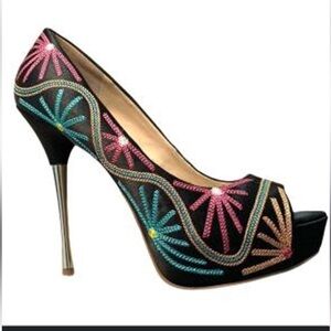 INC international concepts black colorful embroidered open toe stilettos heels 6